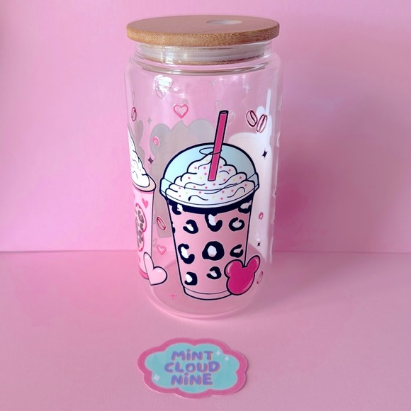 ❗️2/$22❗️CAN GLASS CUP BAMBOO LID & STAINLESS STEEL STRAW - MOUSE COFFEE - Picture 3 of 5